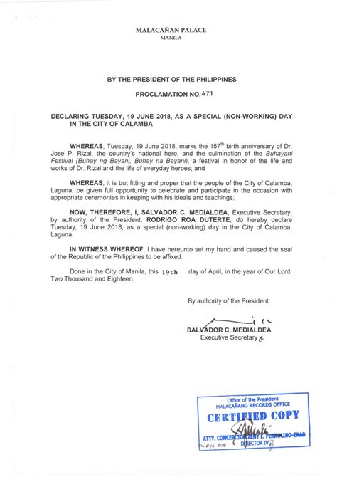 calamba holiday|Proclamation No. 1335 .